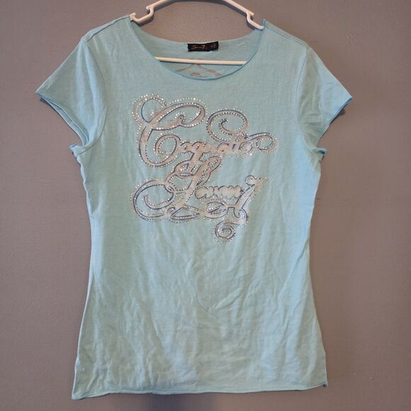 Seven7 Women Medium Cotton Crew Neck Short Sleeve T-Shirt (Baby Blue) Rhinestone - Picture 1 of 8